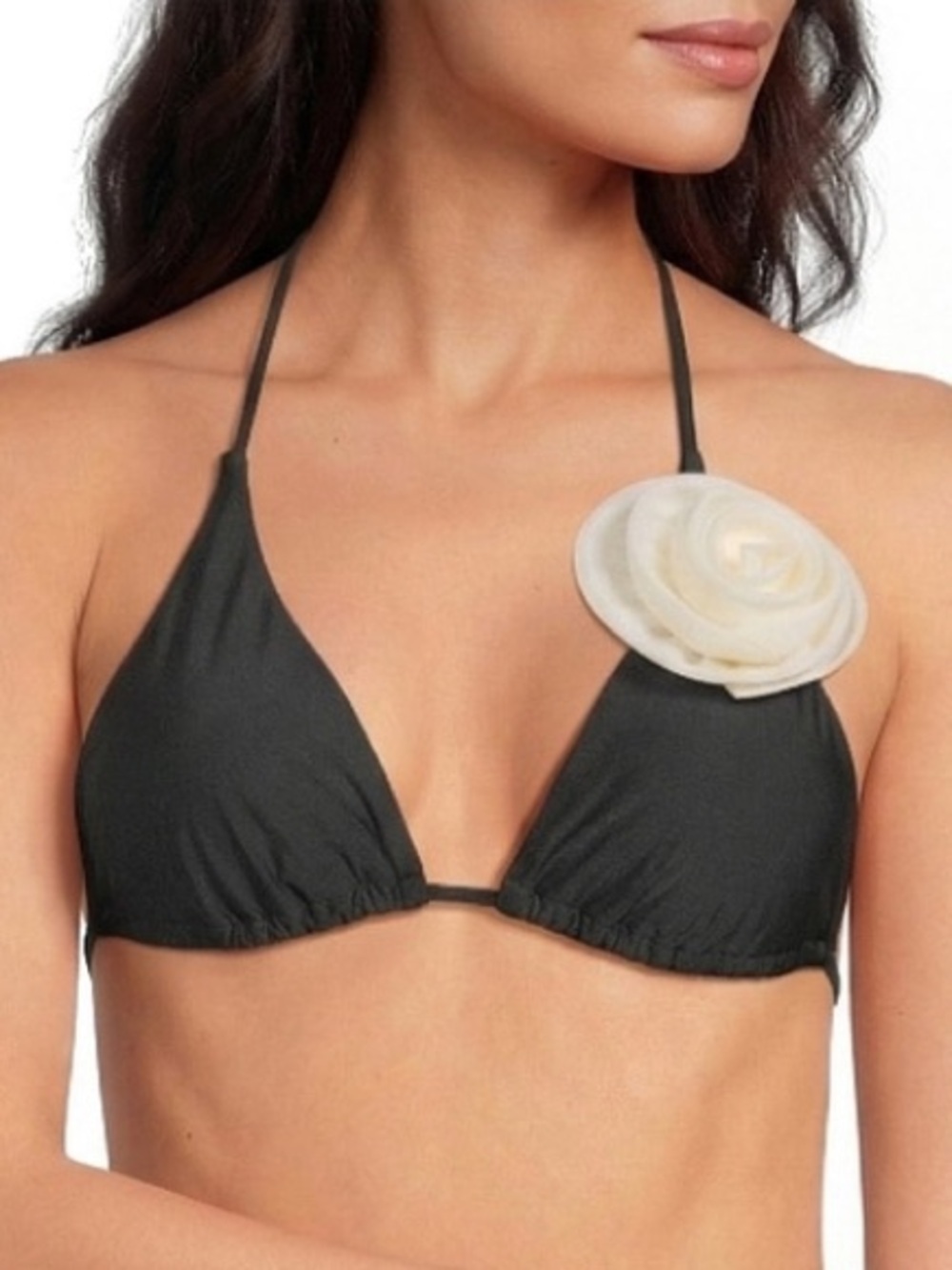 🌻NEW w/tag Gianni Bini Rosette Halter Triangle Bralette Swim Top Black Size L
